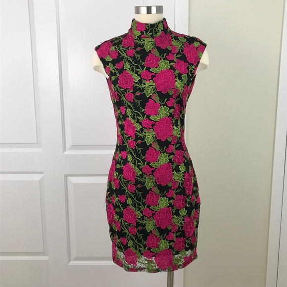 AKIRA Dresses & Skirts - Akira Black and Pink Floral Embroidered Dress M